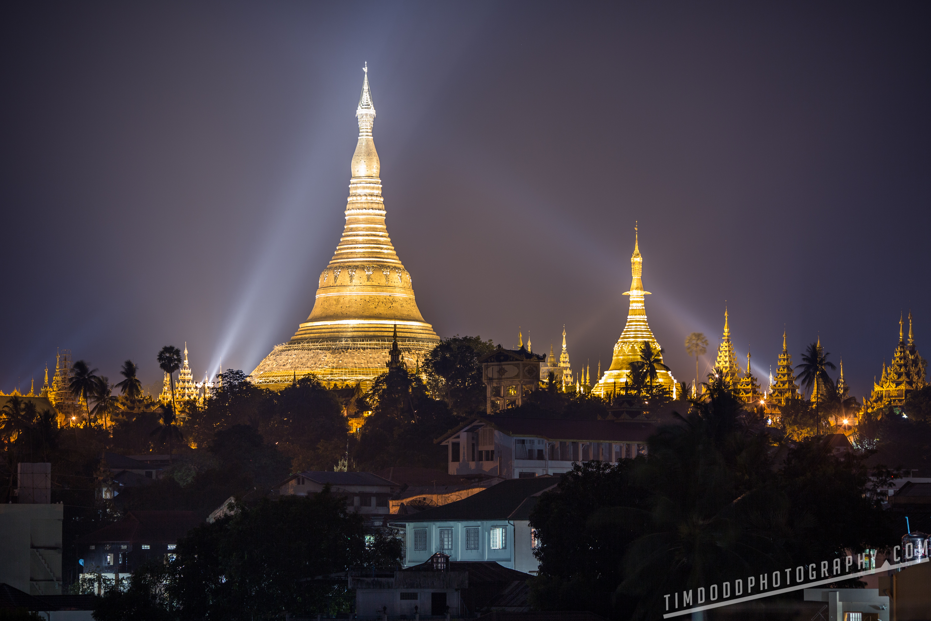 Shwedagon Pagoda at night from Vista Bar in Yangon Rangoon Myanmar Burma evening best view travel tips tourist tourism beautiful by Tim Dodd Photography professional 